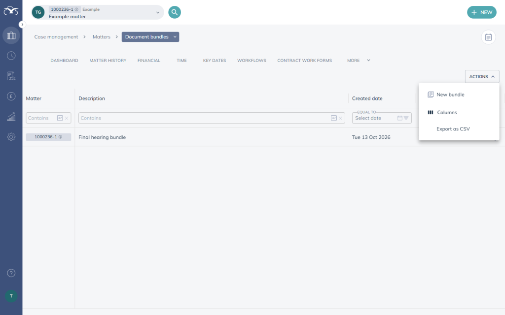 The ACTIONS menu on the Document bundles screen, showing New bundle