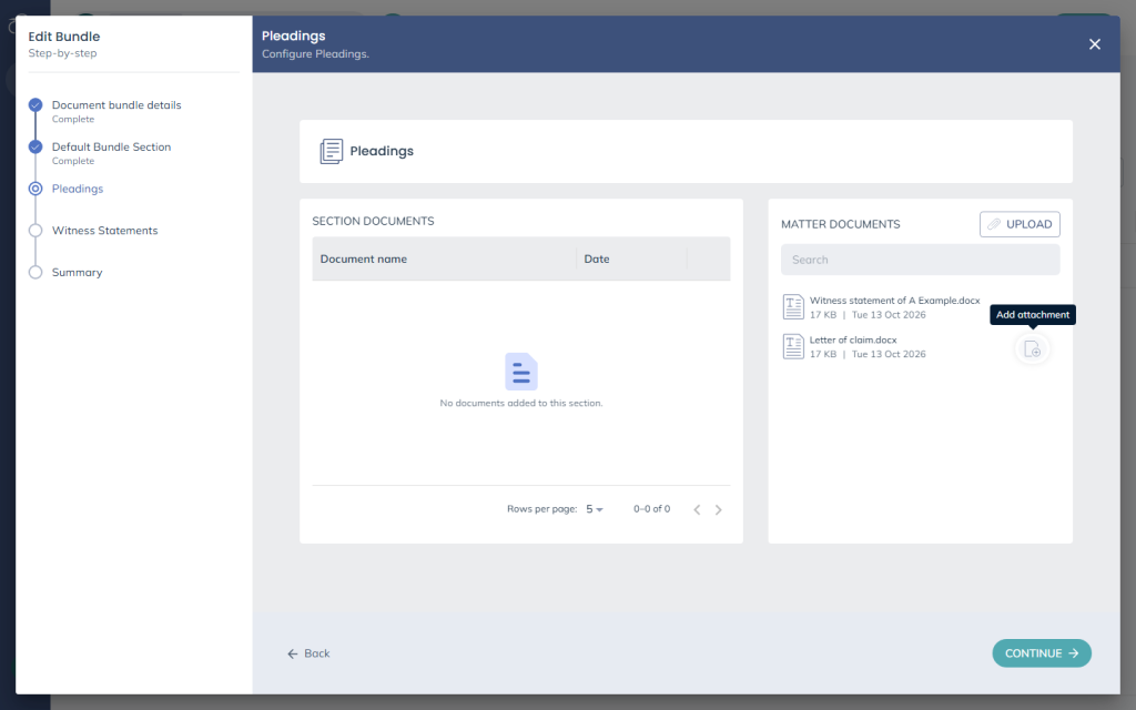 Hovering over a matter document shows the Add attachment icon