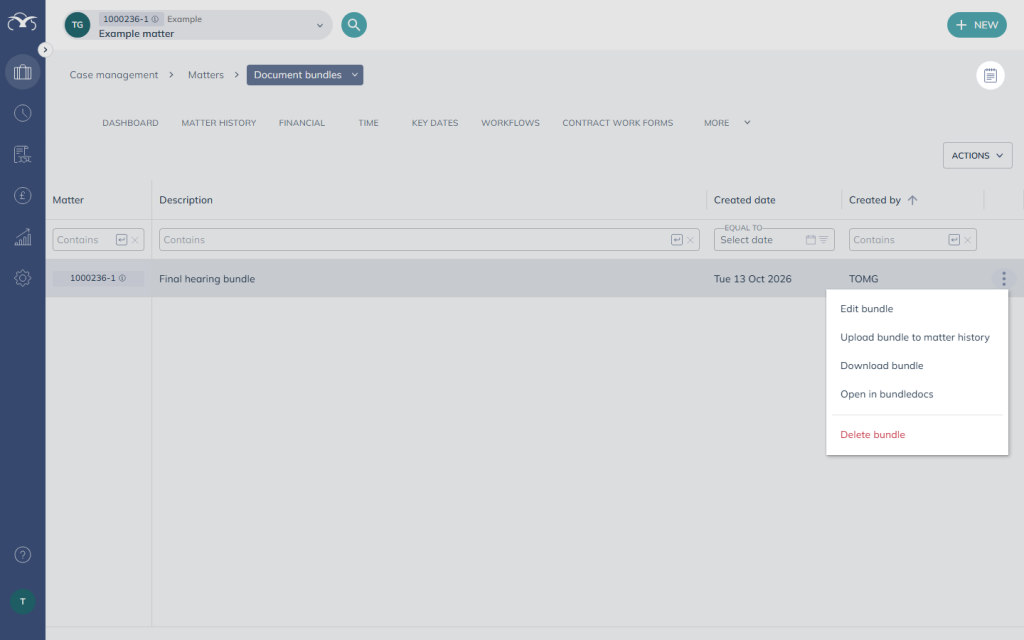 The more actions menu on a bundle