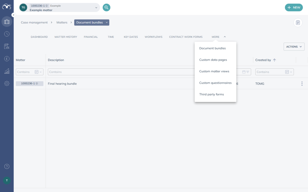 The MORE menu in the Matter Workspace, showing Document bundles