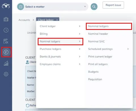 Accounts drop down with Nominal ledgers selected