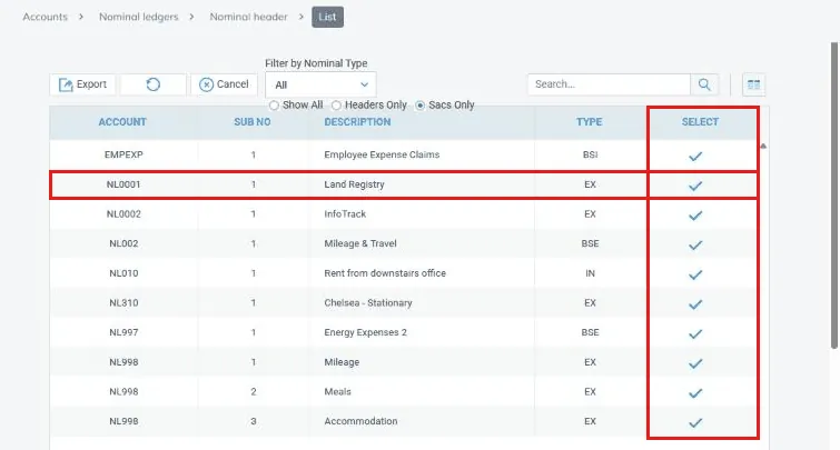 Nominal header Account List showing the Select column