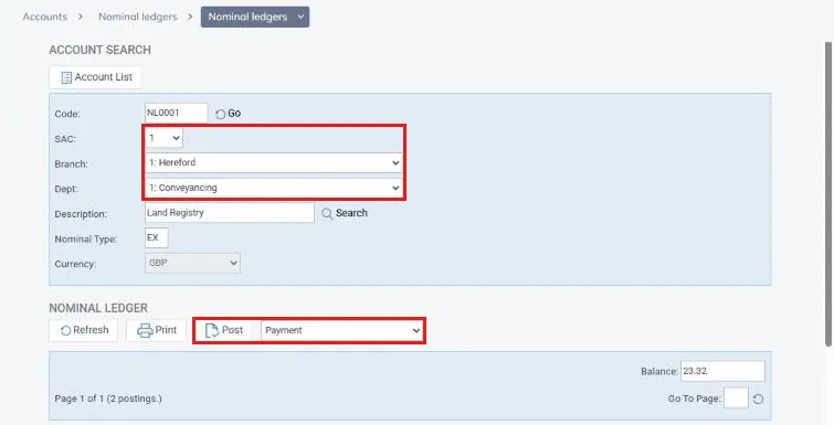 Nominal ledger with SAC, Branch and Dept selected, showing the Post button and posting type drop down