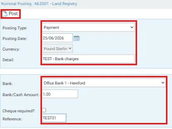 Nominal Posting window for a Payment with test data entered