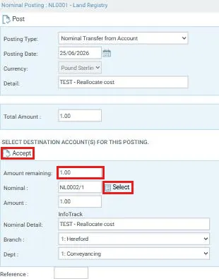 Nominal Transfer from Account posting window