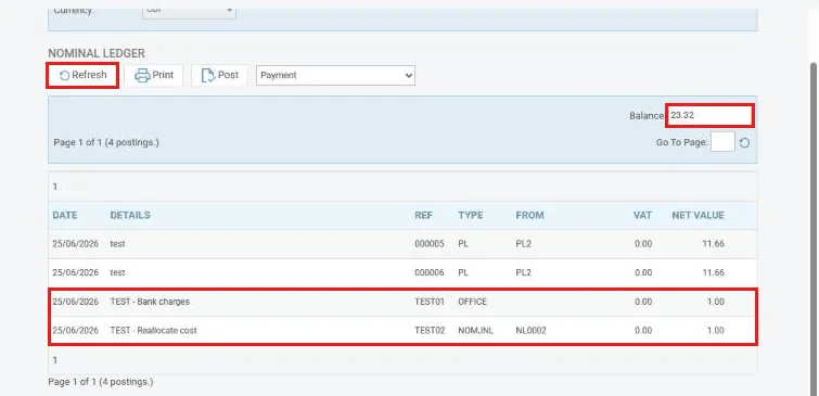 Nominal ledger after posting, showing new entries and Balance
