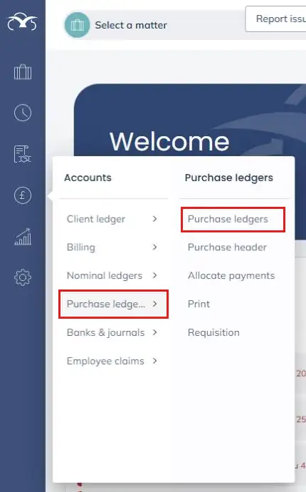 Accounts menu with Purchase ledgers highlighted