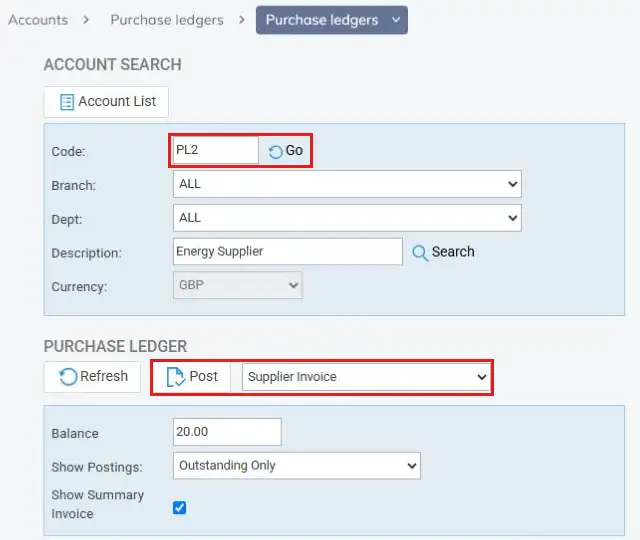 Purchase ledgers screen with Code, Go, posting type and Post highlighted