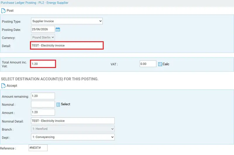 Posting window with Detail and Total Amount inc. Vat highlighted