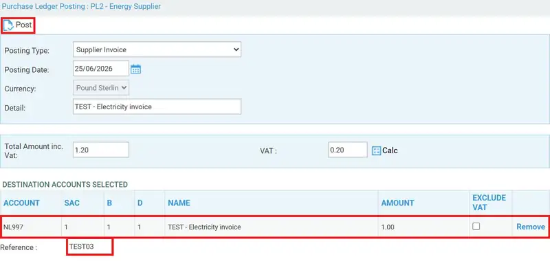 Destination Accounts Selected table, Reference and Post highlighted