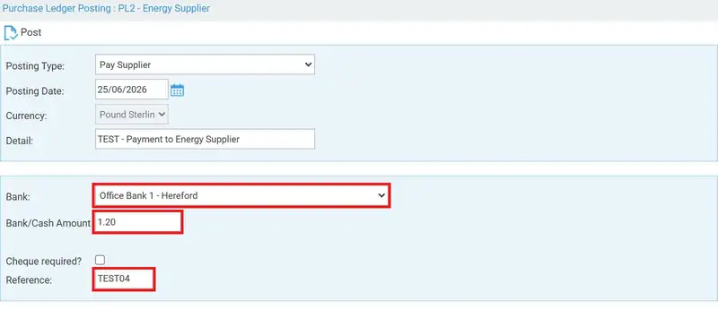 Pay Supplier posting with Bank, Bank/Cash Amount and Reference highlighted