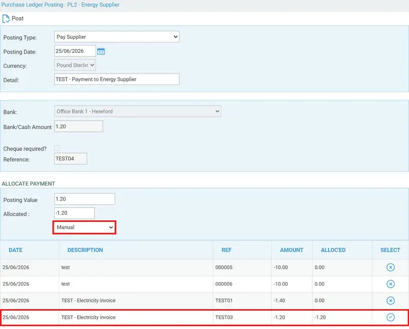 Allocate Payment section with Manual and the selected invoice highlighted