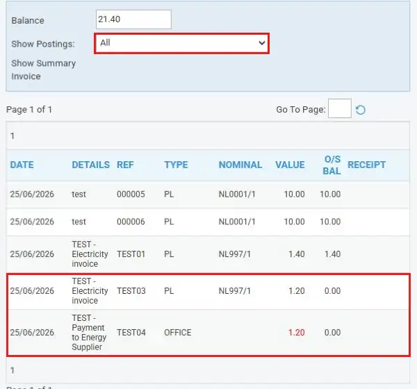 Purchase ledger with Show Postings set to All, showing the paid invoice and payment
